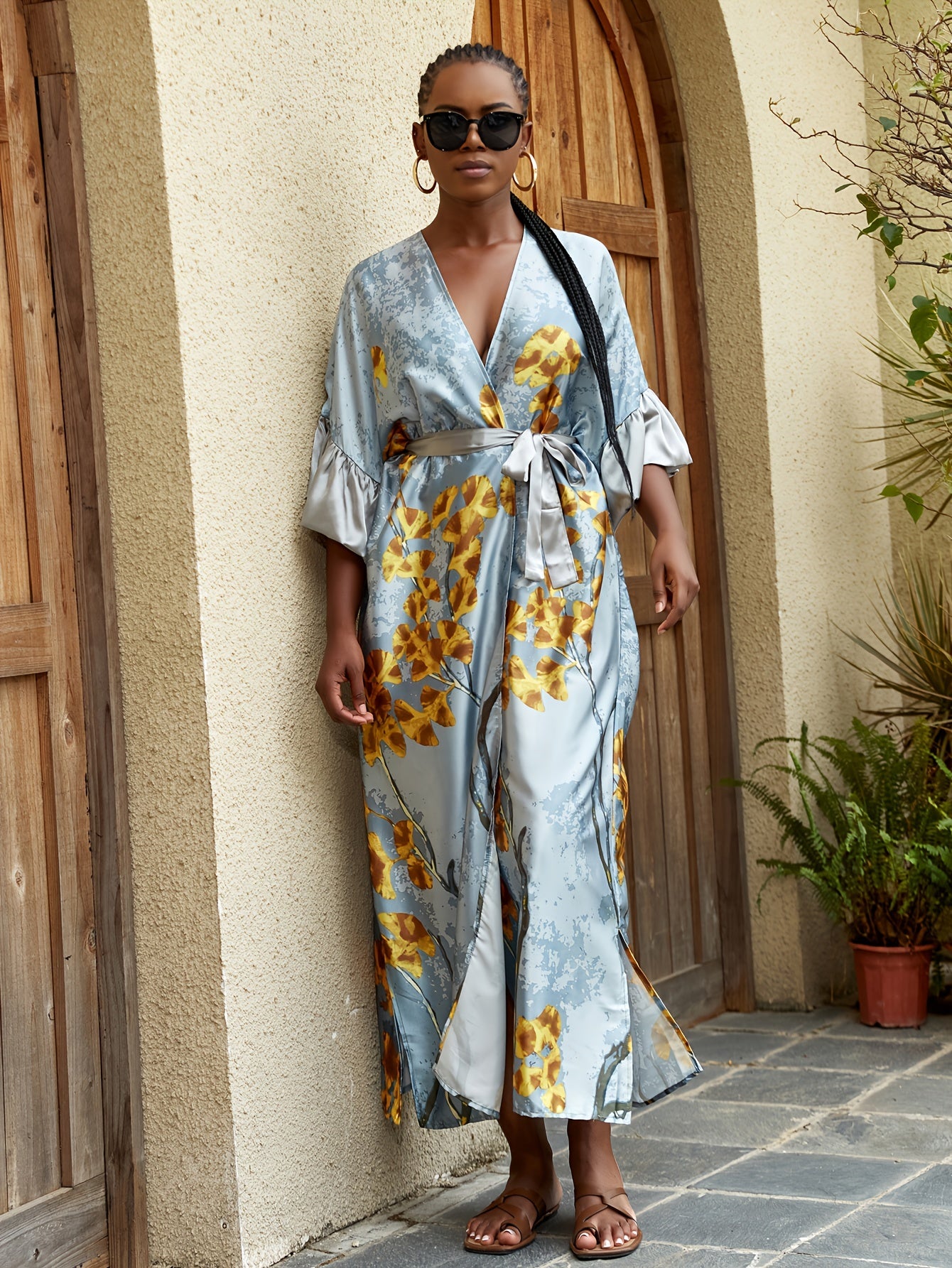 Boho Kimono Women's Plus Floral Print Ruffle Trim Open Front Kimono