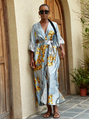 Boho Kimono Women's Plus Floral Print Ruffle Trim Open Front Kimono