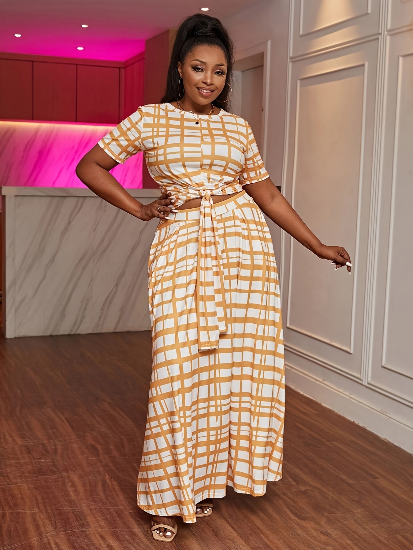 Plaid Print Knot Front 2pcs Set