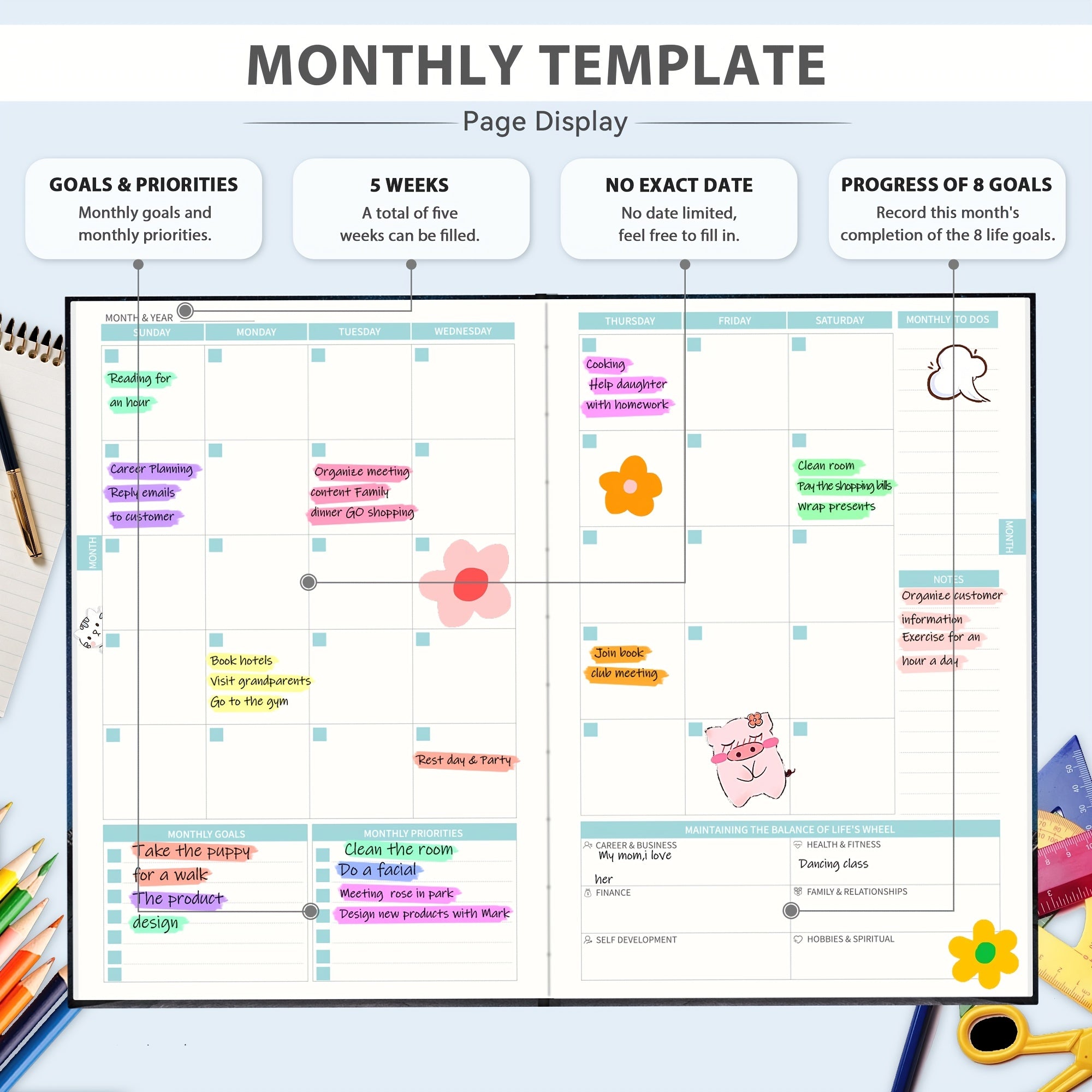 Undated Weekly & Monthly Planner Hardcover Organizer Notebook Achieve Goals