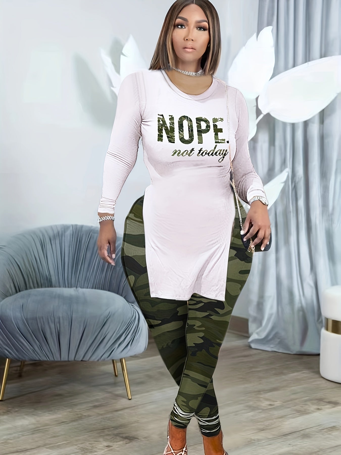 Women's Plus Camo Slogan Print Long Sleeve Top & Leggings Set