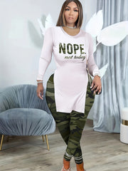 Women's Plus Camo Slogan Print Long Sleeve Top & Leggings Set