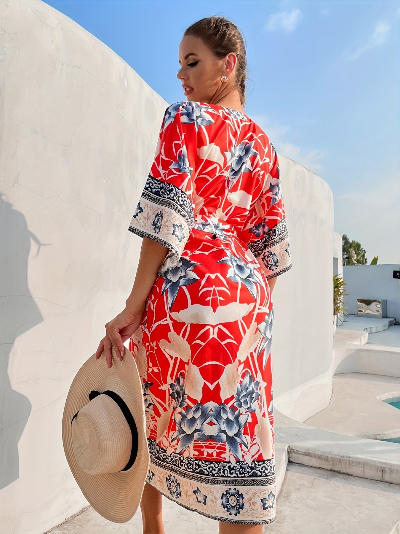 Floral Print Surplice V Neck Cover Up Kaftan Red Kimono Sleeve Coverup Dress