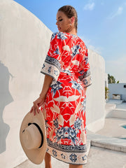 Floral Print Surplice V Neck Cover Up Kaftan Red Kimono Sleeve Coverup Dress