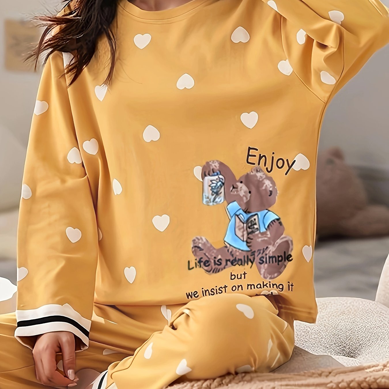 Bear & Heart Print Pajama Set Long Sleeve Top & Pant