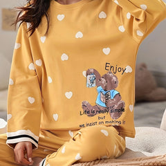 Bear & Heart Print Pajama Set Long Sleeve Top & Pant