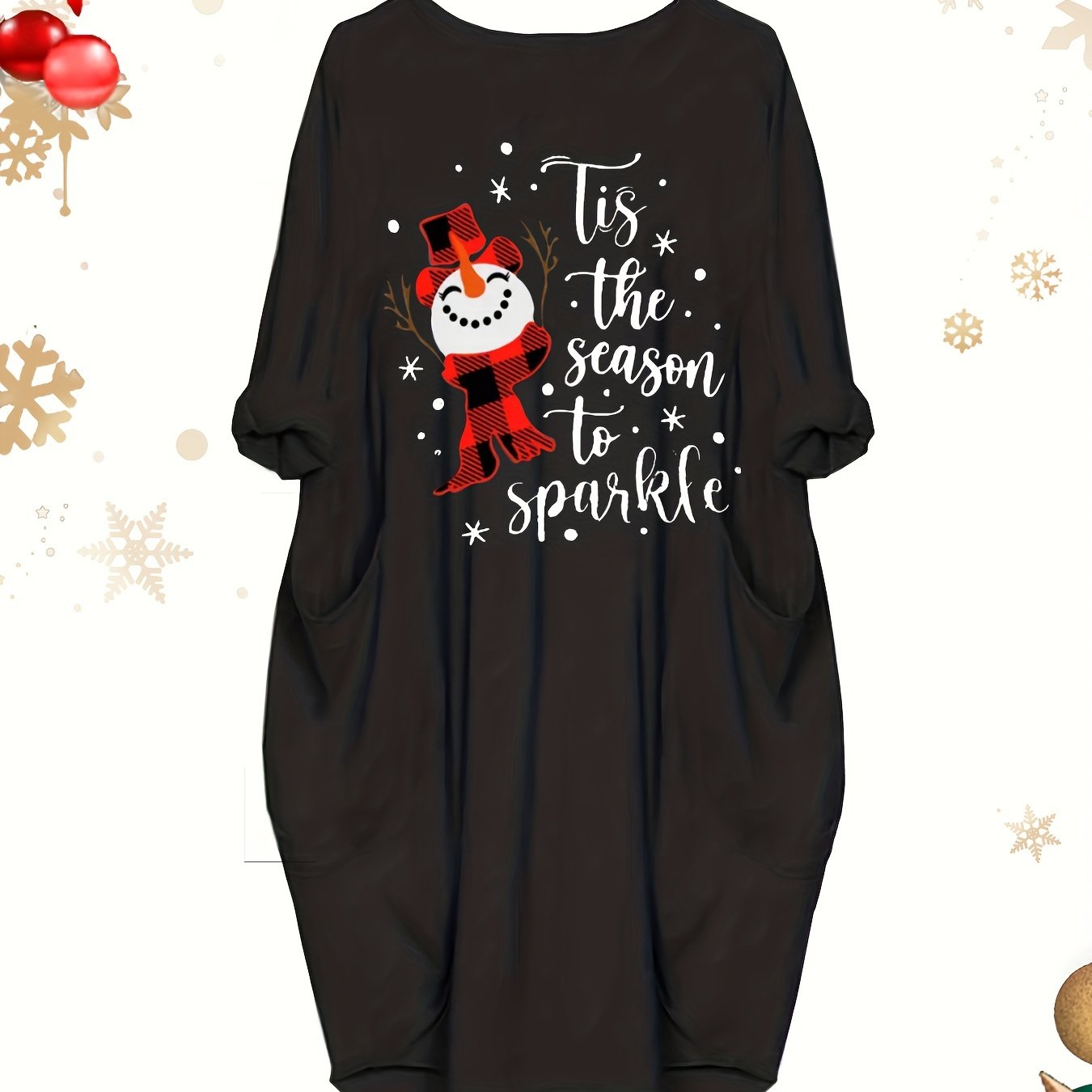 Women's Christmas Dress Snowman & Slogan Print Long Sleeve Loose Fit