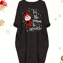 Women's Christmas Dress Snowman & Slogan Print Long Sleeve Loose Fit