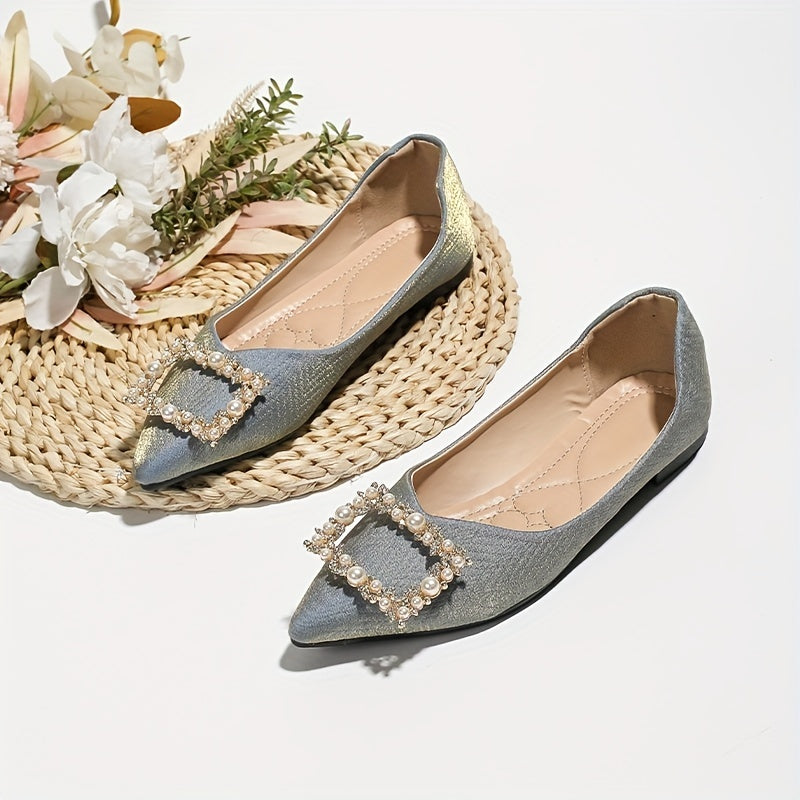 Pearl Buckle Flat Shoes Point Toe Soft Sole Lightweight Walking Shoes