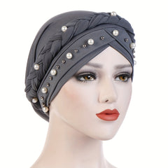 Faux Pearl Beads Turban Hijab Cap Twist Braid Head Scarf Solid Ramadan Head Wrap