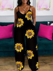 Sunflower Print Spaghetti Strap Jumpsuit Casual Wide Leg Sleeveless Jumpsuit