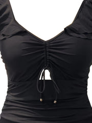One Piece Swimsuit V Neck Lace Ruffle Trim Bathing Suit