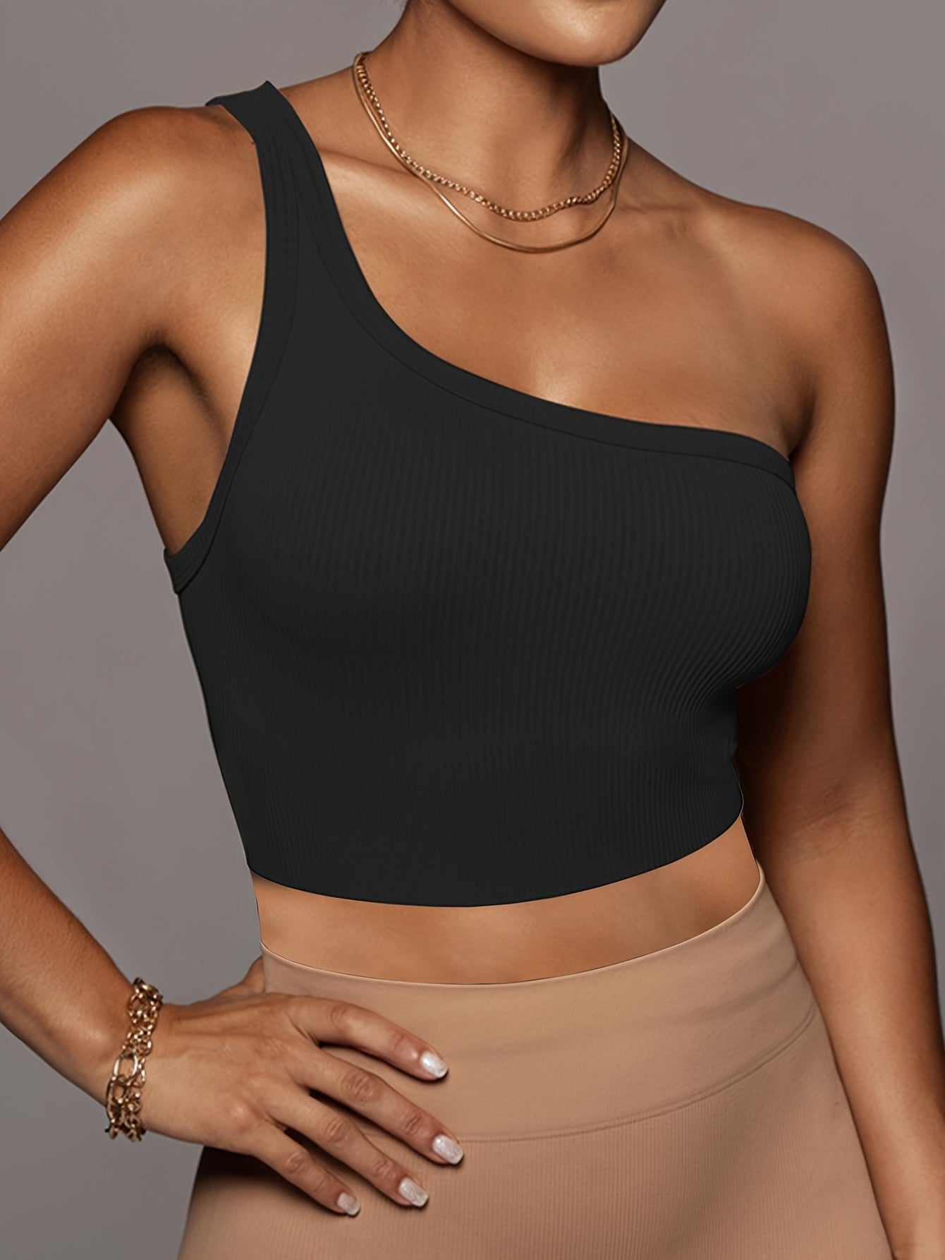 One Shoulder Crop Tank Top Solid Ribbed Knit Top Women's Clothing