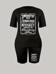 Women's Plus Size Letter Print Crew Neck Top & Shorts Set
