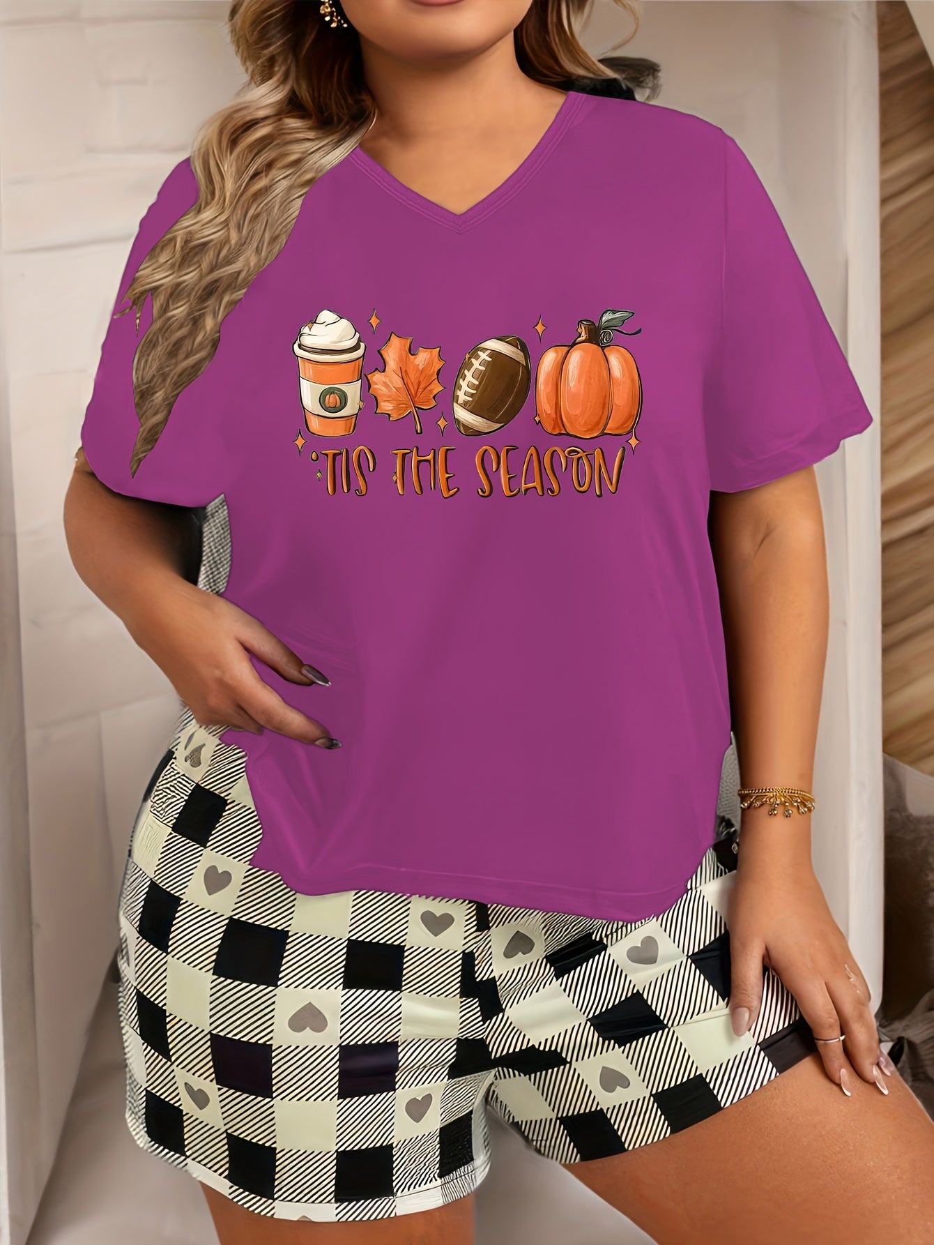 Pumpkin Slogan Print V Neck Pajama Top