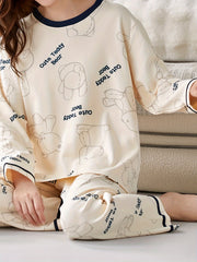 Bear Print Pajama Set Long Sleeve Top & Pants Women's Sleepwear