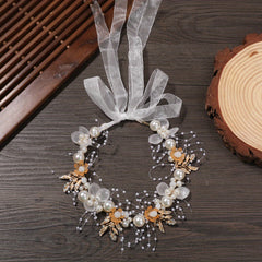 Fairy Golden Leaf Headband with Pearl Flower Hair Band for Girls