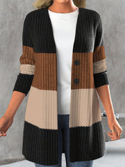 Colorblock Button Front Knitted Cardigan Long Sleeve Casual Fall Winter