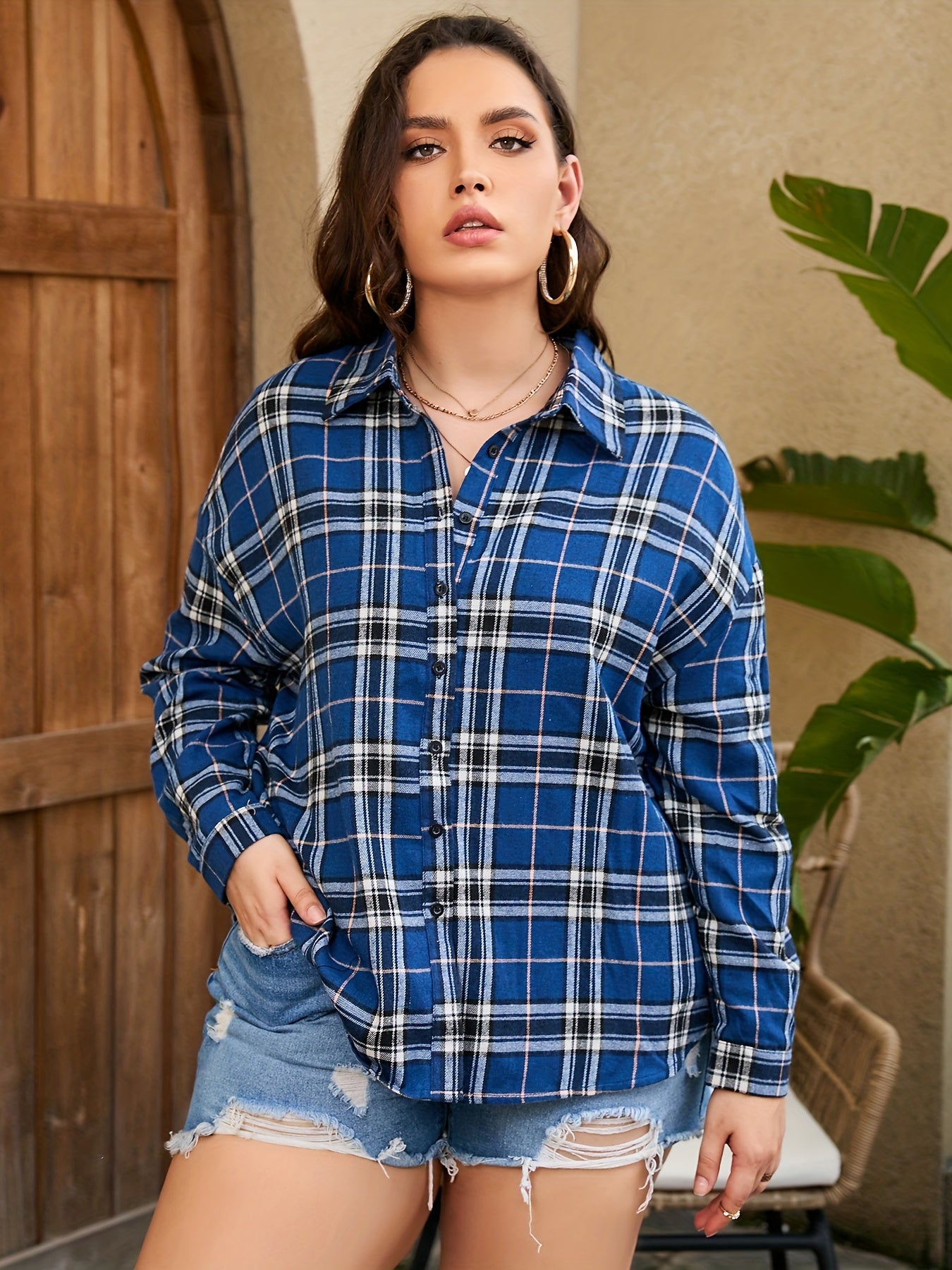 Casual Plaid Button Up Long Sleeve Blouse