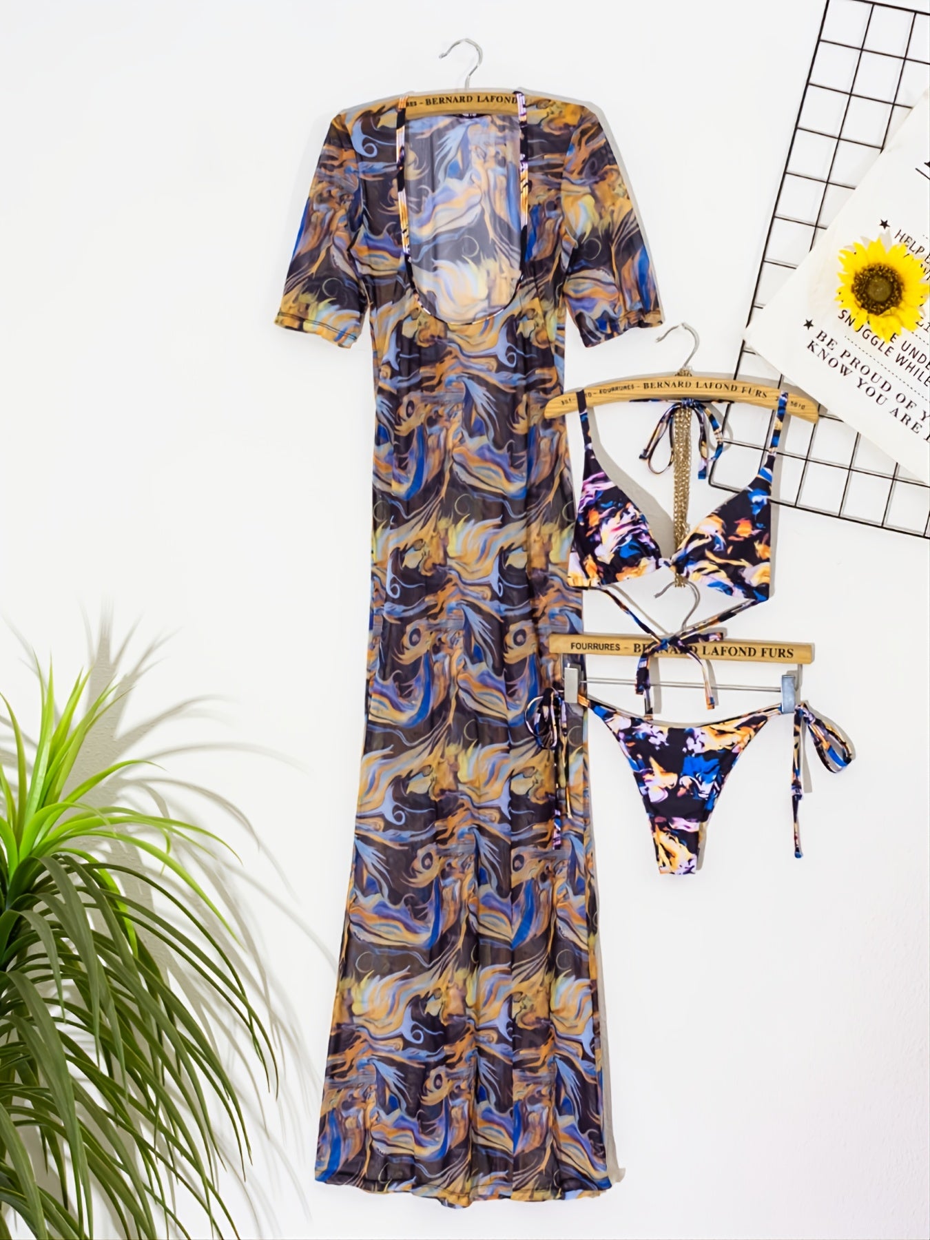 Colorful Splash Print Bikini Set with Sheer Dress