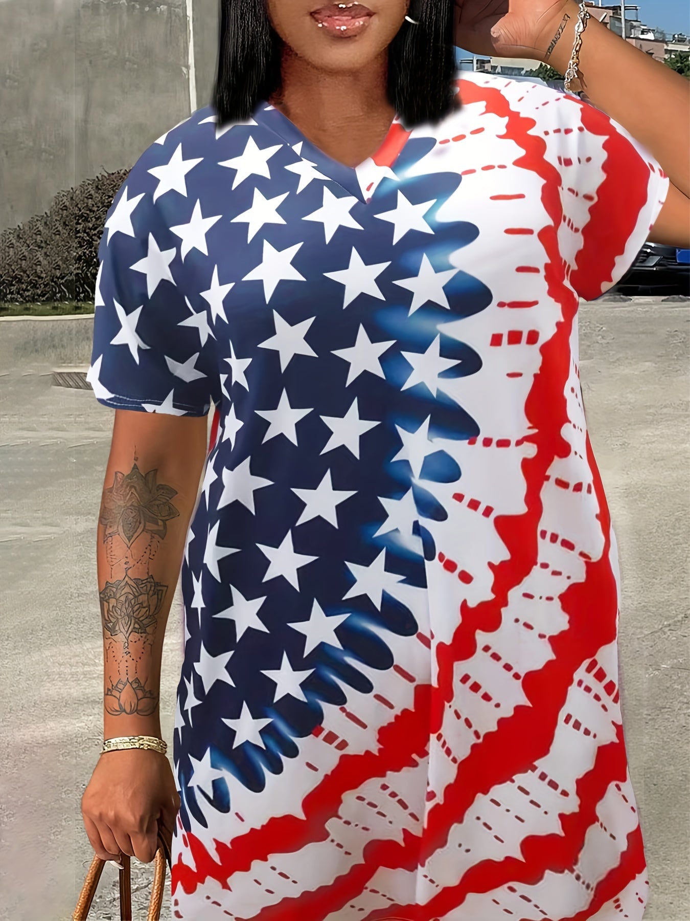 Star & Stripe Print V Neck Dress with Pockets