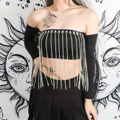 Punk Chain Fringe Skirt Belt Rivet PU Leather Harness Adjustable Gothic Belt
