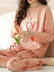 Heart Print Pajama Set Crew Neck Top & Argyle Pants