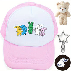 4pcs Set Rabbit Baseball Cap & Bear Rabbit Brooch Keychain Kpop Trucker Hat