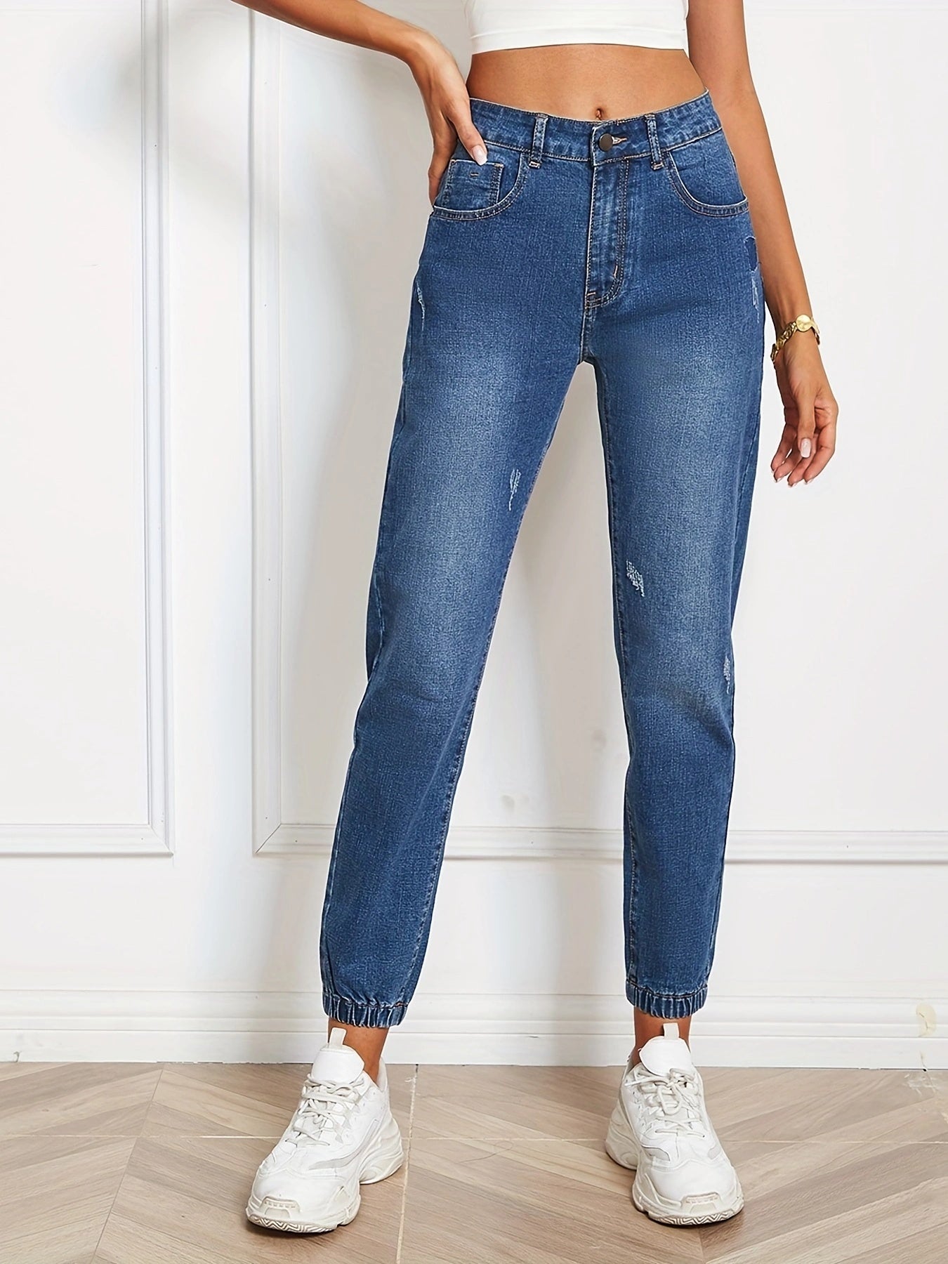 Loose Fit Straight Jeans Slash Pockets Mid Strstch Casual Denim Pants