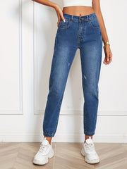 Loose Fit Straight Jeans Slash Pockets Mid Strstch Casual Denim Pants
