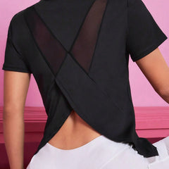 Contrast Mesh Sporty T Shirt Short Sleeves Crew Neck Sports Tee