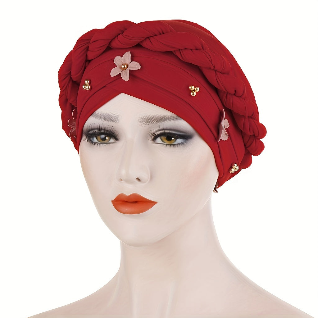 Beads Flower Turban Cap Twist Braid Head Scarf