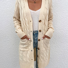 Button Up Pocket Cardigan Long Sleeve Mid Length Cardigan
