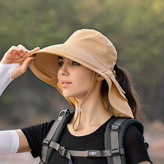 Women Ponytail Bucket Hat Neck Flap Adjustable Lanyard Solid Sun Hat