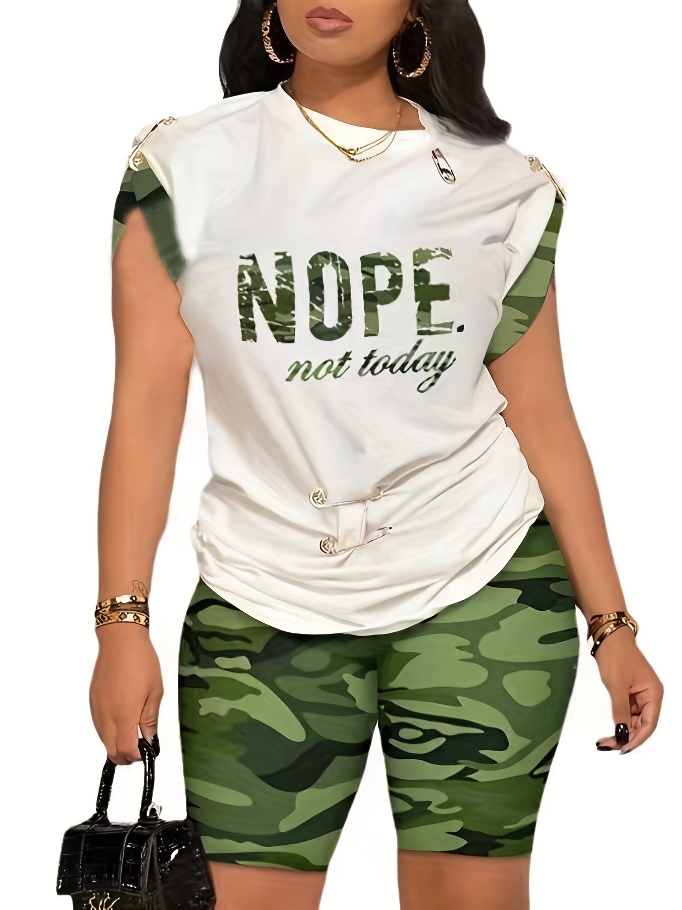 Women's Plus Camo Print Top & Shorts Two Piece Set