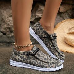 Leopard Print Canvas Lace Up Flat Shoes Lightweight Round Toe