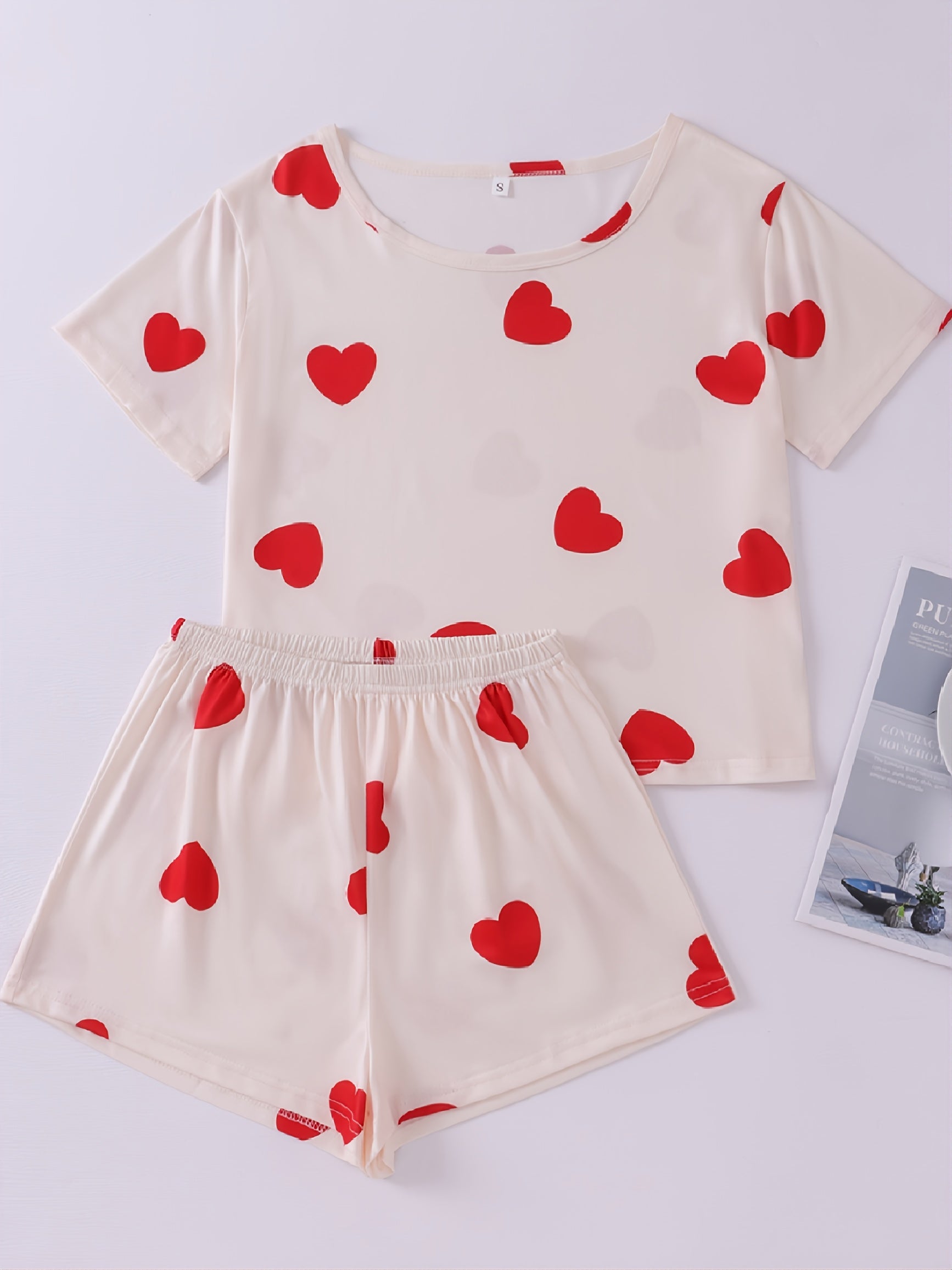 Heart Print Short Sleeve Pajama Set for Women