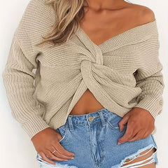 Casual Sweater Women's Plus Solid Twist Front V Neck Jumper