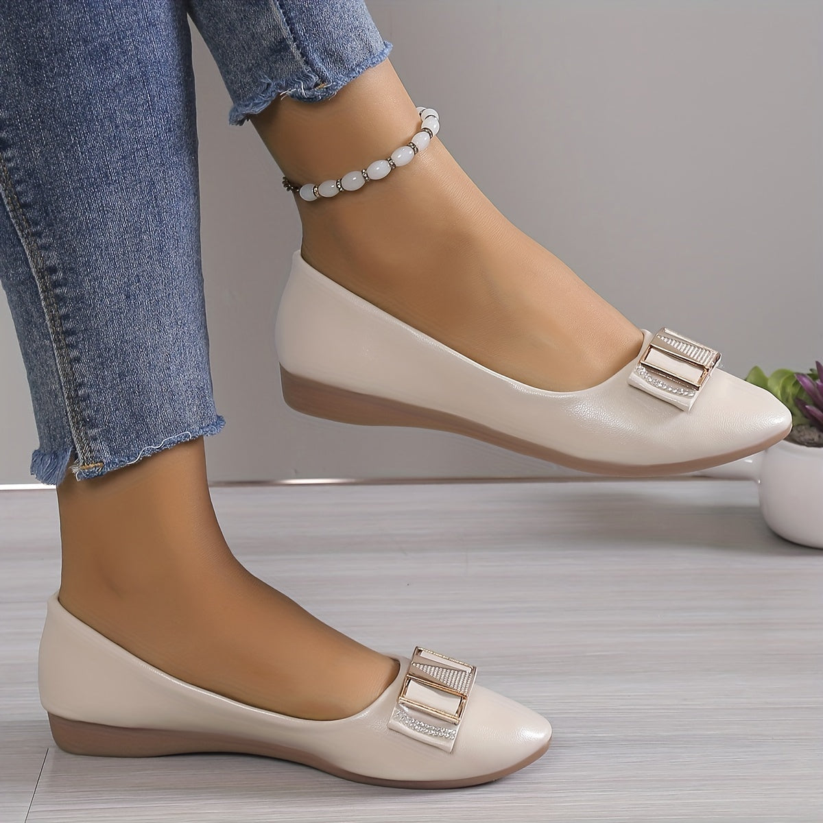 Women's Rhinestone Buckle Ballet Flats Slip On Shoes