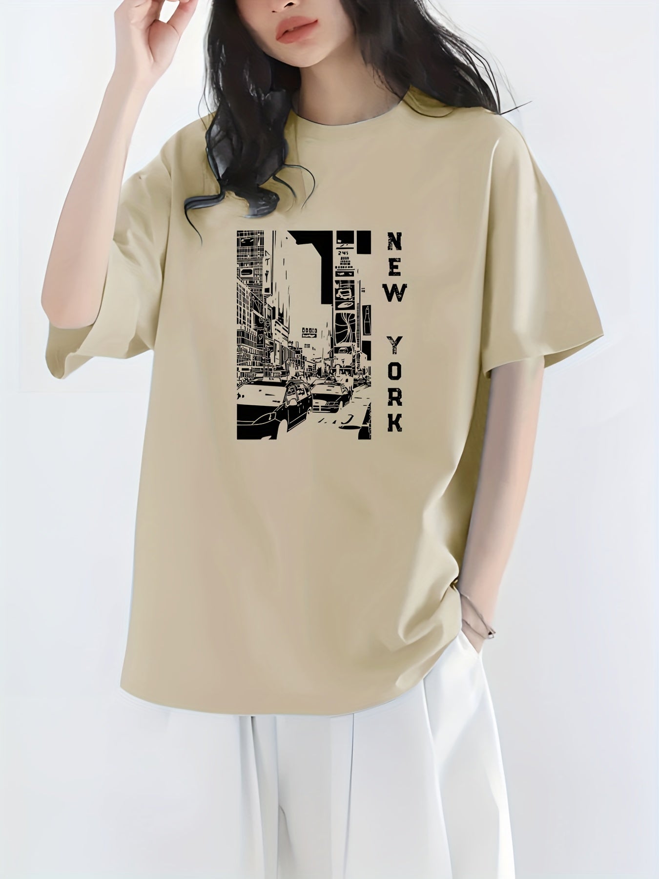 City View & York Letter Print Crew Neck Casual T Shirt