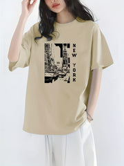 City View & York Letter Print Crew Neck Casual T Shirt