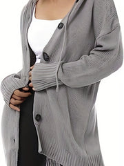 Solid Button Front Hooded Cardigan Casual Long Sleeve Cardigan