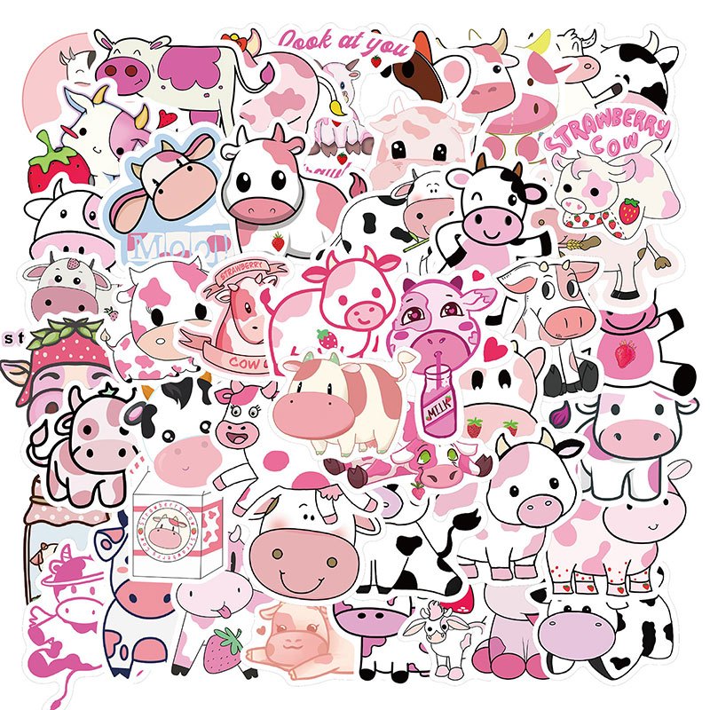 50-100 Pink Cow Stickers Stylistic Cartoon Waterproof Decorative Stickers