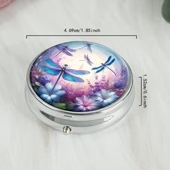 Dragonfly & Floral Round Pill Organizer 3 Compartments Portable Medicine Case