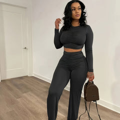 Solid Long Sleeve Ruched Top & Pants Set