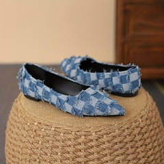 Women's Plaid Pattern Denim Flat Shoes Casual Point Toe Tassel Detail Shoes