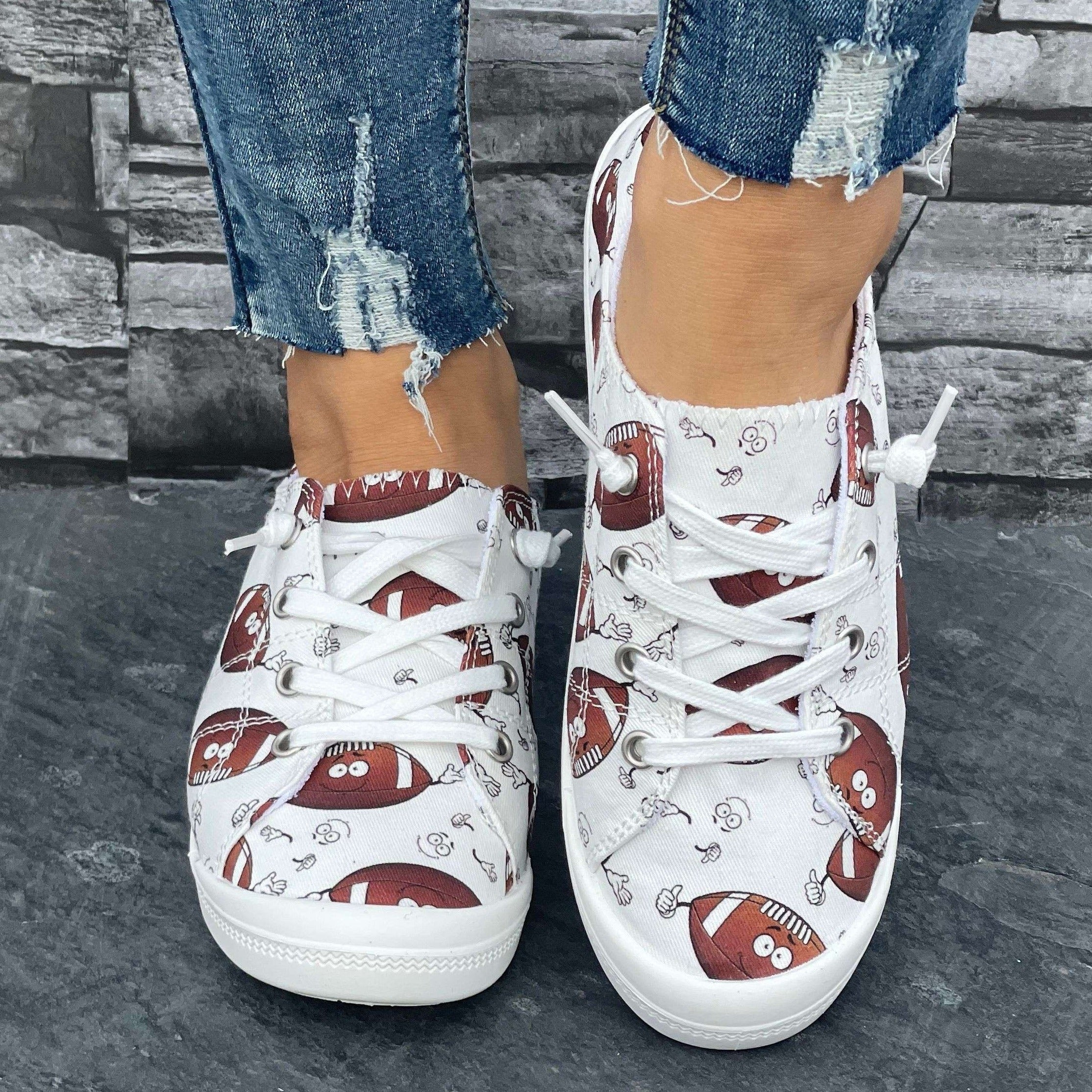 Cartoon Rugby Pattern Women's Flat Shoes Lightweight Soft And Comfortable