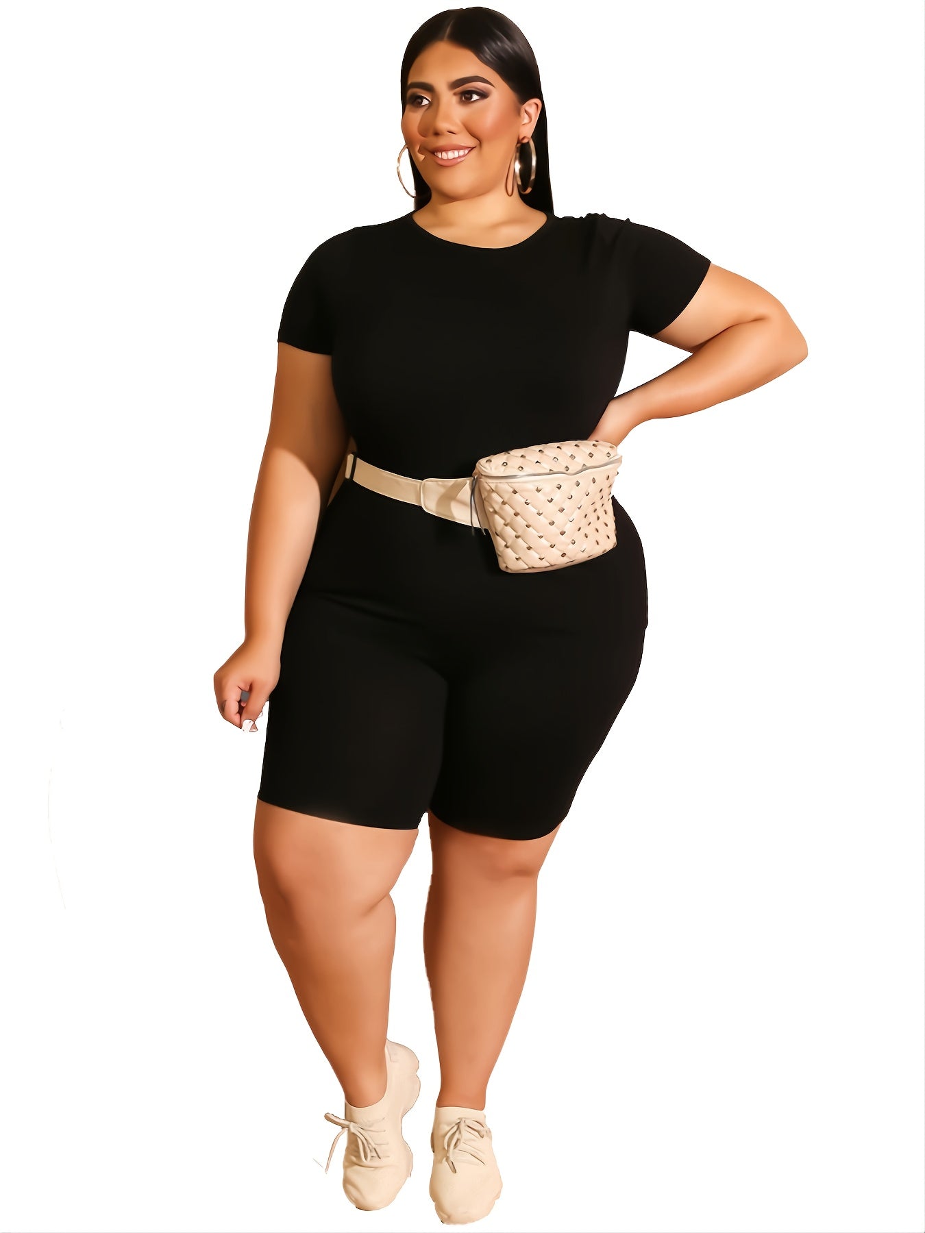 Solid Top & High Waist Skinny Shorts Set Women's Plus Co ords