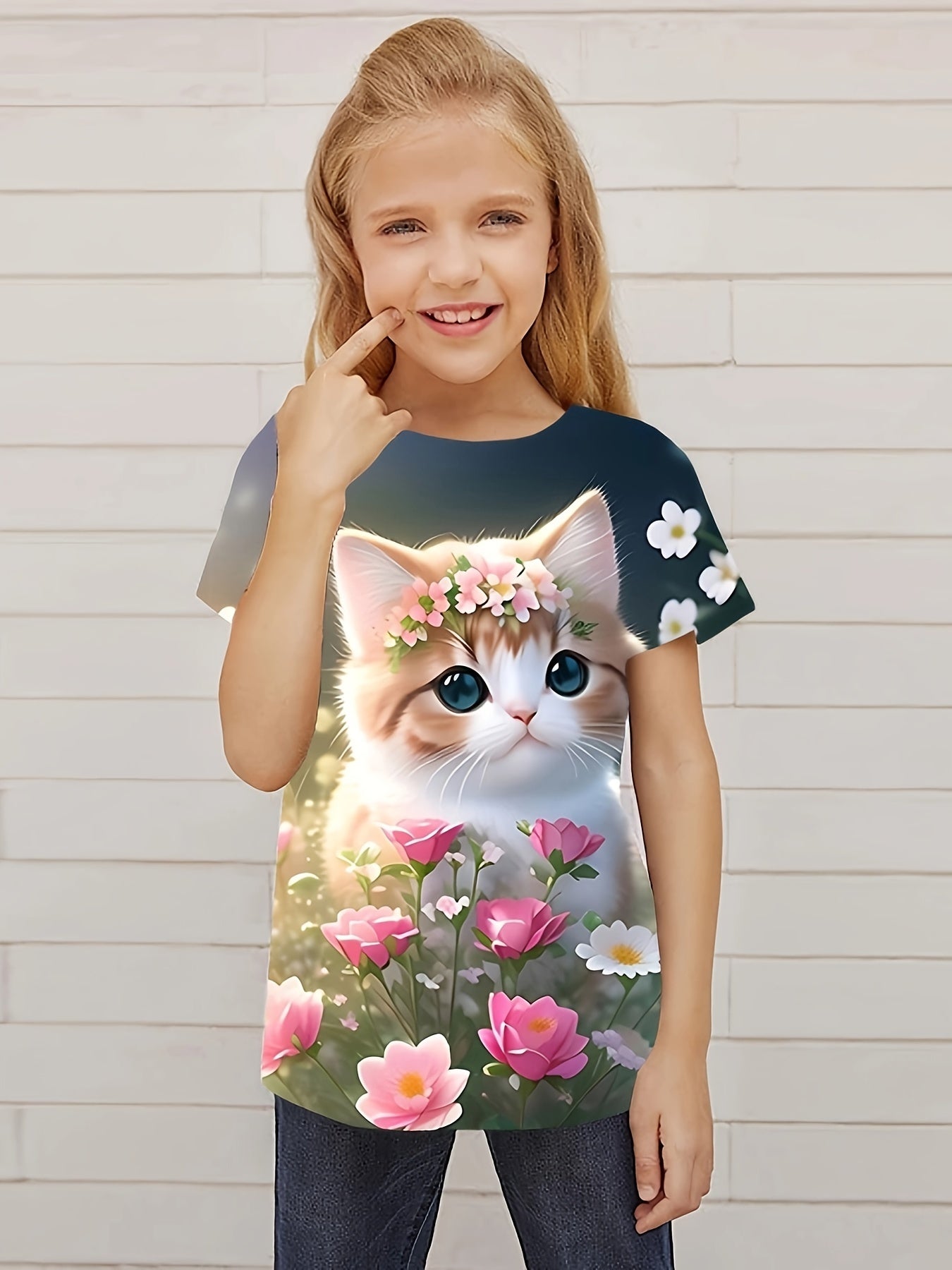 Cat & Flower Graphic Short Sleeve T shirt for Girls Summer Sports