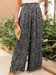 Ditsy Print Smocked Waist Wide Leg Pants for Women